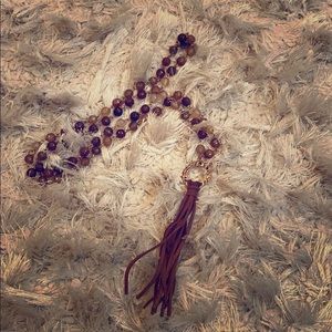 Long Beaded necklace w/leather fringe